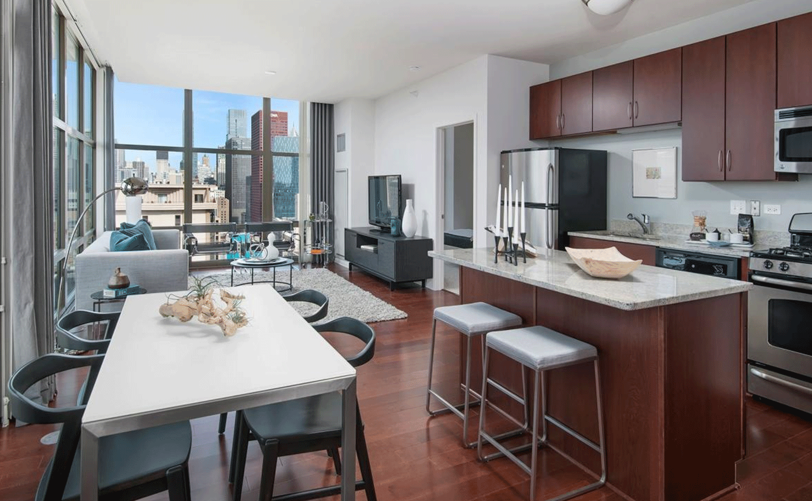 luxury south loop apartment, with modern kitchen, wood floors and sweeping views of Chicago