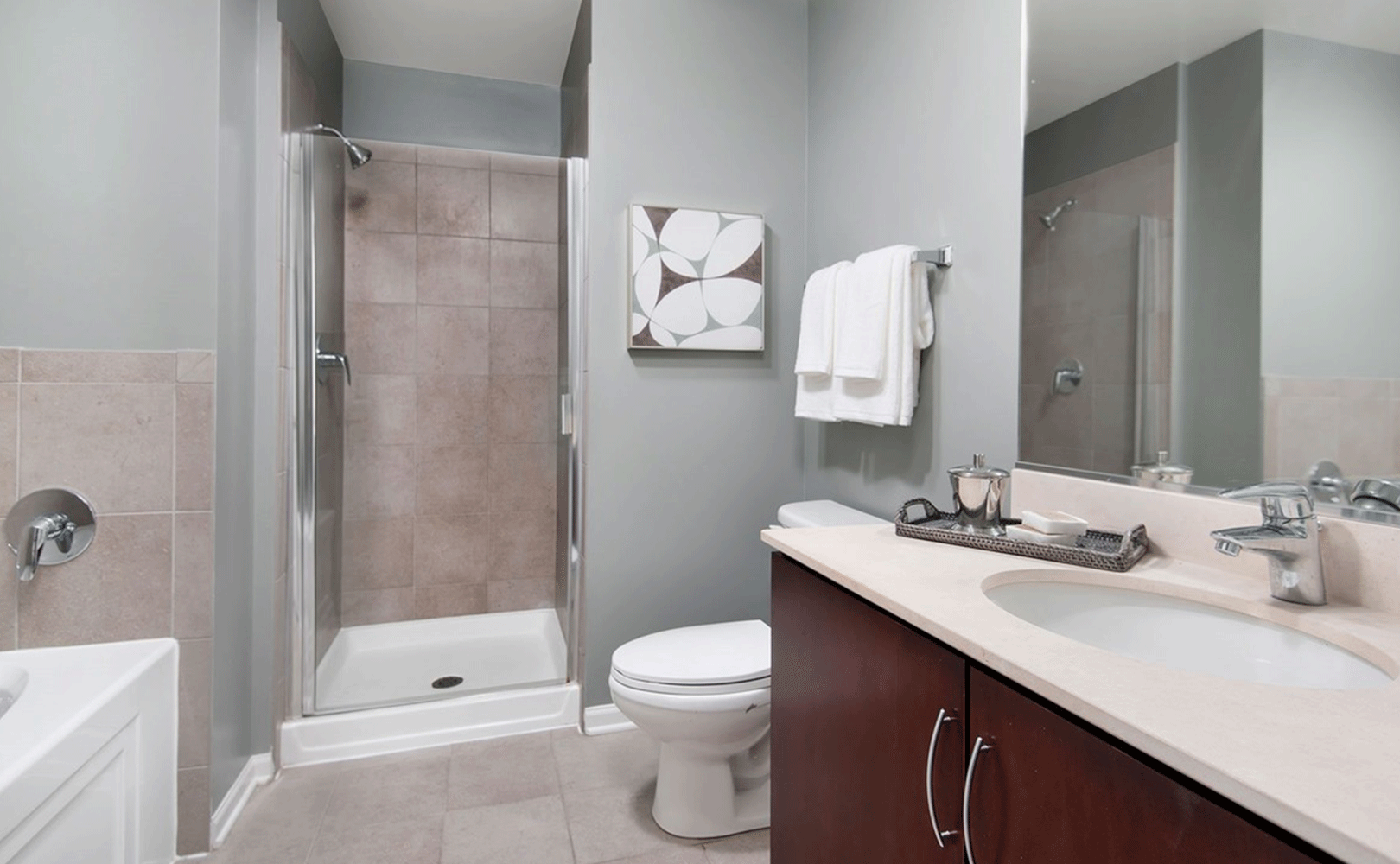 South Loop Chicago apartment bathroom with granite counter tops and walk-in shower