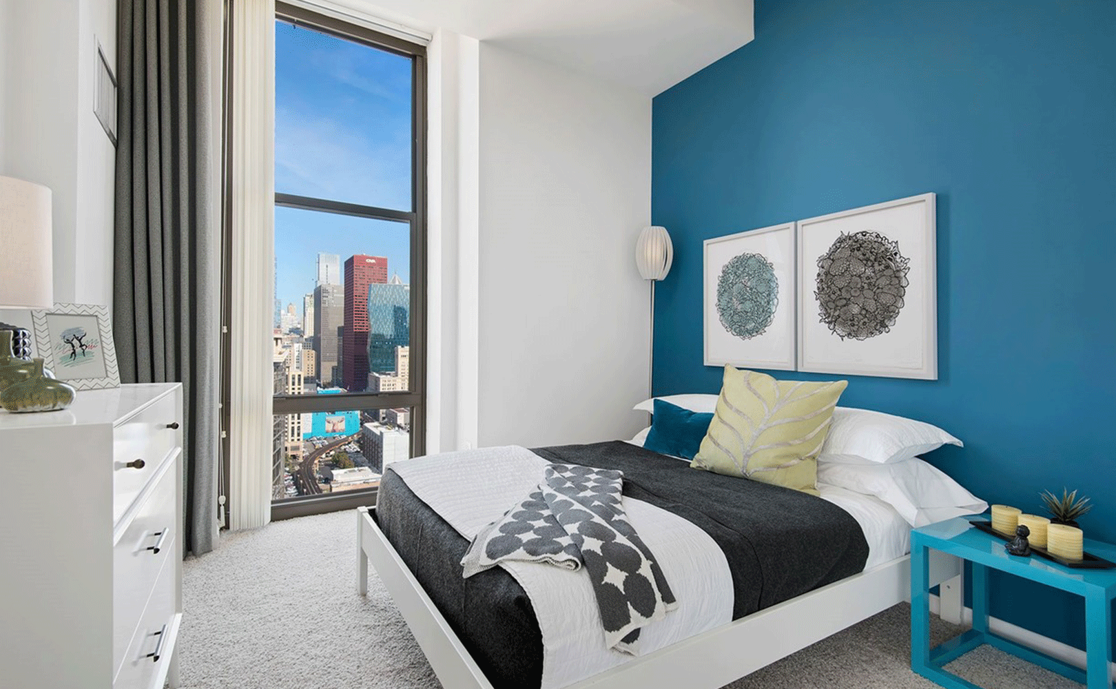 South loop apartment building bedroom overlooking down town streets of Chicago